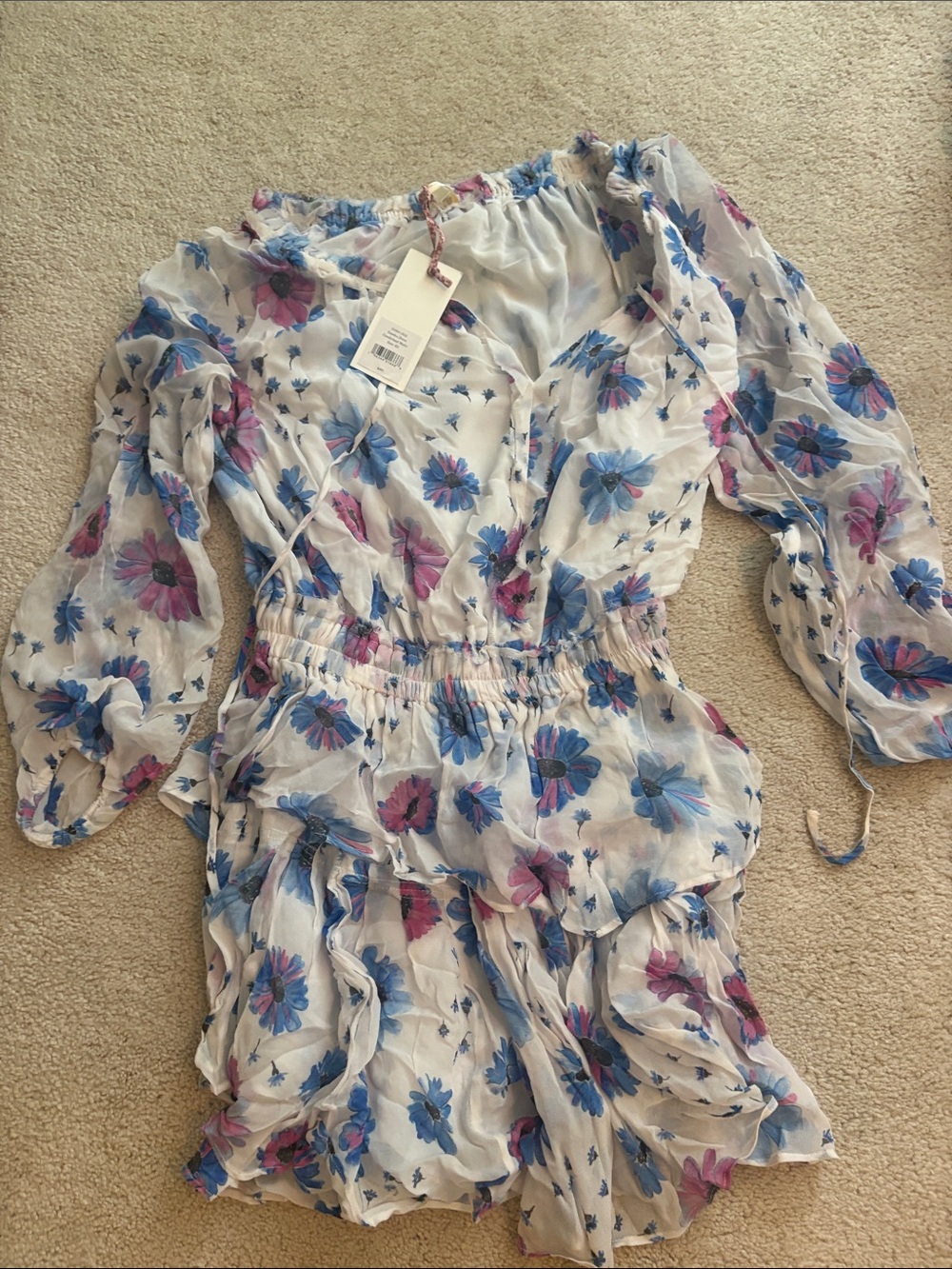LoveShackFancy White Floral Chiffon Dress with Blue & Pink Flowers